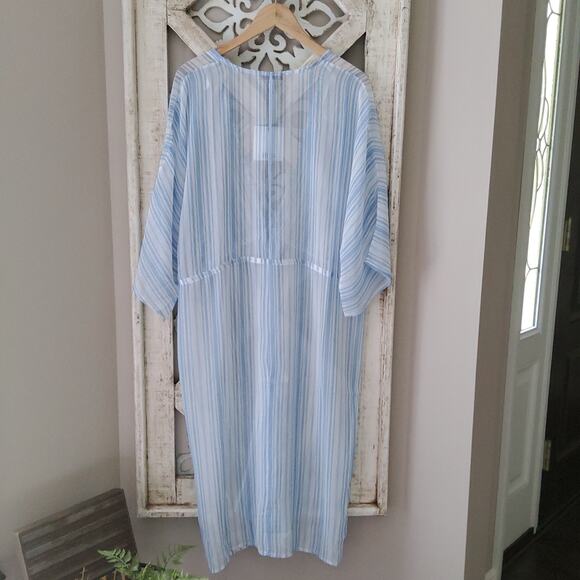 Very J Resort Sheer Stripe Tie Front Swimsuit Coverup Kimono Top in Blue & White - Picture 8 of 11